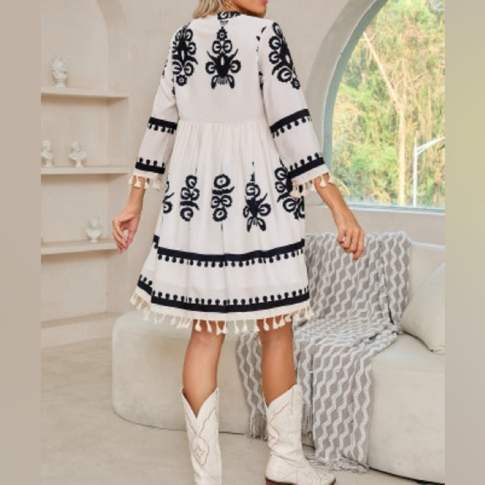 - Beige Ethnic Print Notch V Neck Fringe Mini Dress - Picture 2 of 8